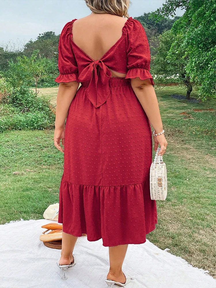 Robe Femme Grande Taille Col Carré Manches Bouffantes Nœud Dos – CLEVI Paris