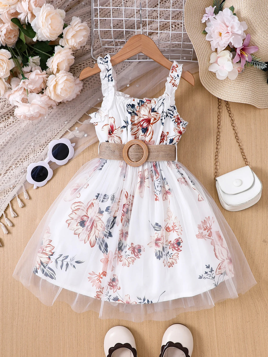 Robe fille fleurie à bretelles et ceinture – CLEVI Paris