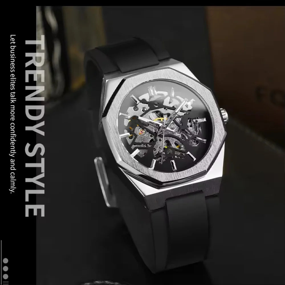 BLUO Montre Homme Automatique Squelette Octogone Acier Silicone 30M – CLEVI Paris