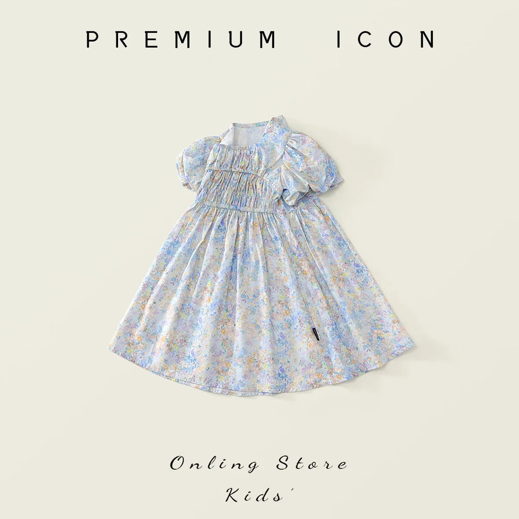 Robe fille bleue fleurie à manches courtes – CLEVI Paris
