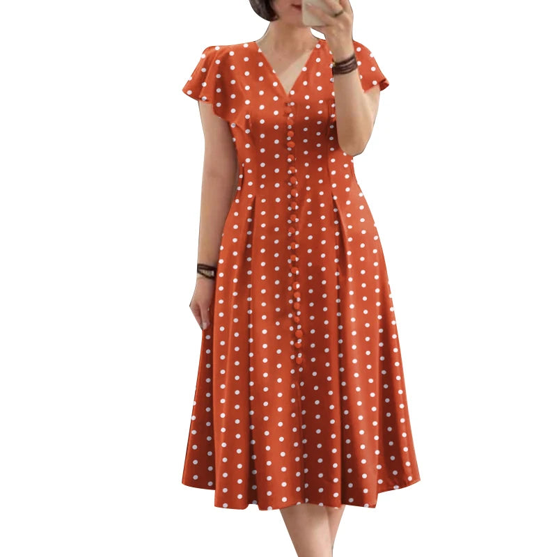 Robe Femme Col V Imprimé Pois Manches Papillon Vintage Mi-Mollet – CLEVI Paris