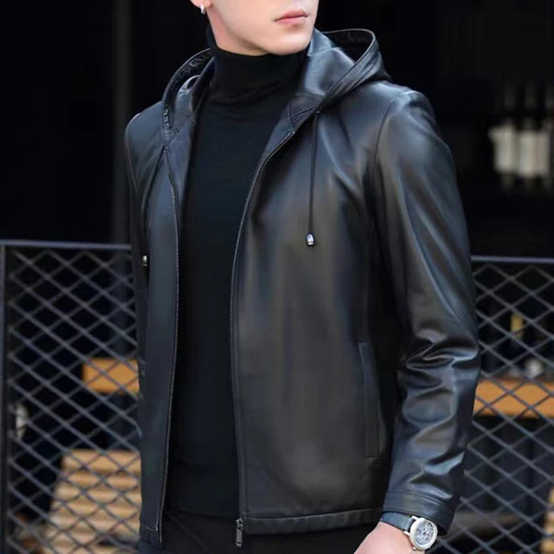 Blouson homme en cuir noir à capuche – CLEVI Paris