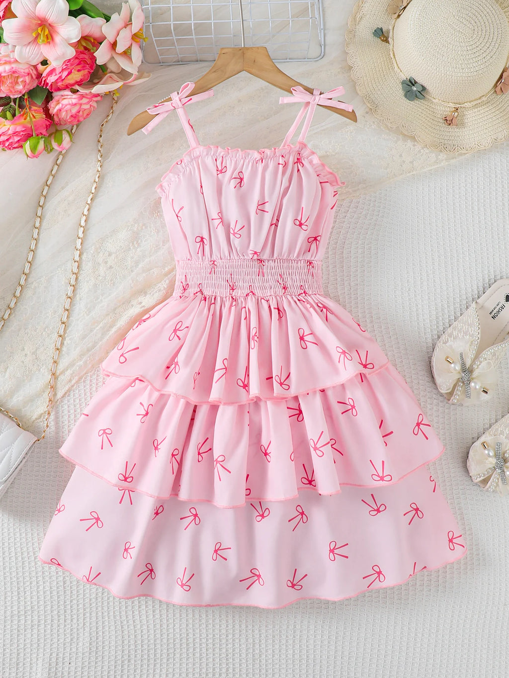 Robe fille rose à motif nœud papillon – CLEVI Paris
