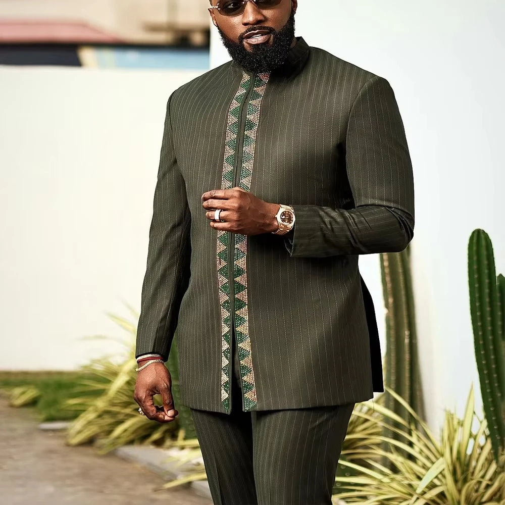 Ensemble 2 Pièces Homme Style Africain Chemise Manches Longues Col Rond + Pantalon Cordon Élégant XS-XXL – CLEVI Paris