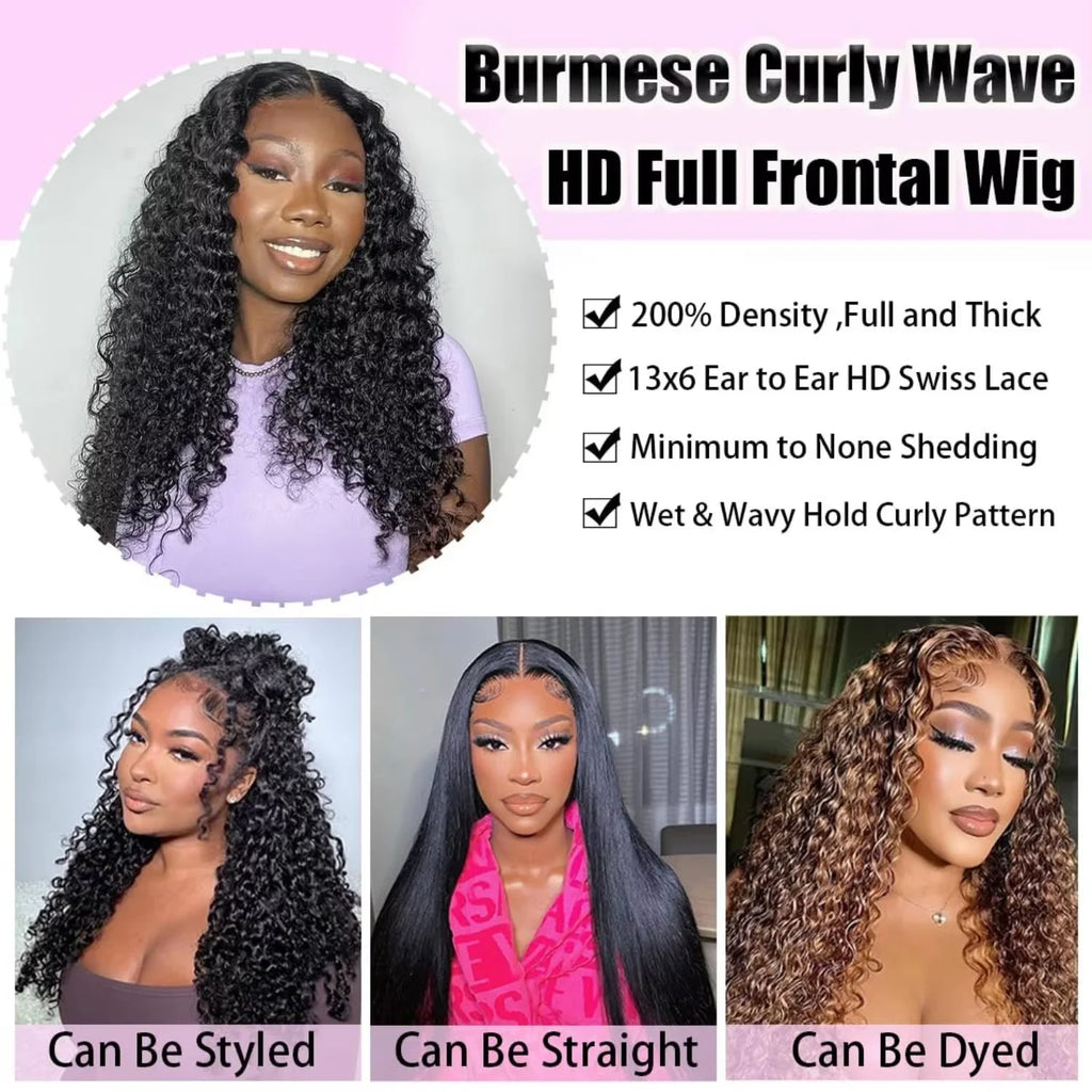 Perruque Lace Frontal Cheveux Humains Curly Burmese HD Transparent 7x6 13x4 13x6 Densité 200-220% 18-46 Pouces – CLEVI Paris