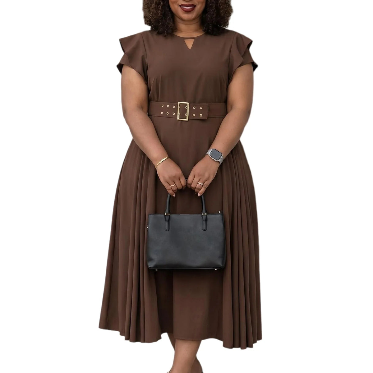 Robe Femme Grande Taille Col V Manches Courtes Ceinture A-line Mi-Mollet Bureau – CLEVI Paris
