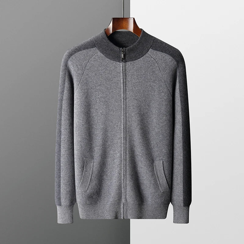 Ensemble 2 Pièces Homme 100% Cachemire MVLYFLRT – Cardigan Col Montant Zippé + Pantalon Slim Bicolore – 3 Coloris – CLEVI Paris