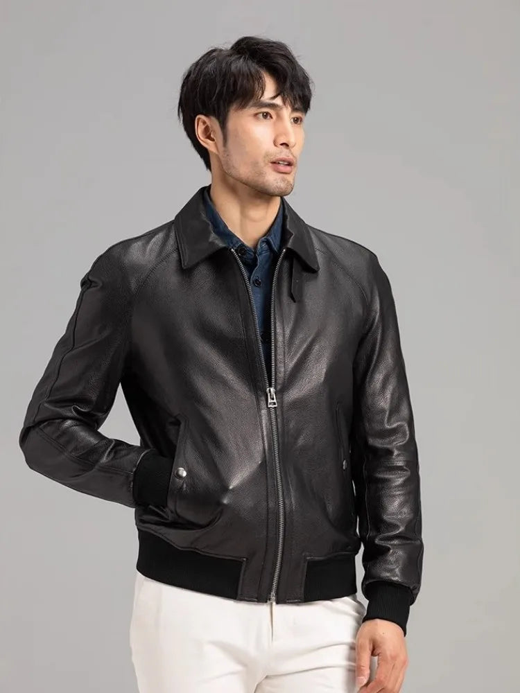 Veste homme courte en cuir de mouton noir – CLEVI Paris