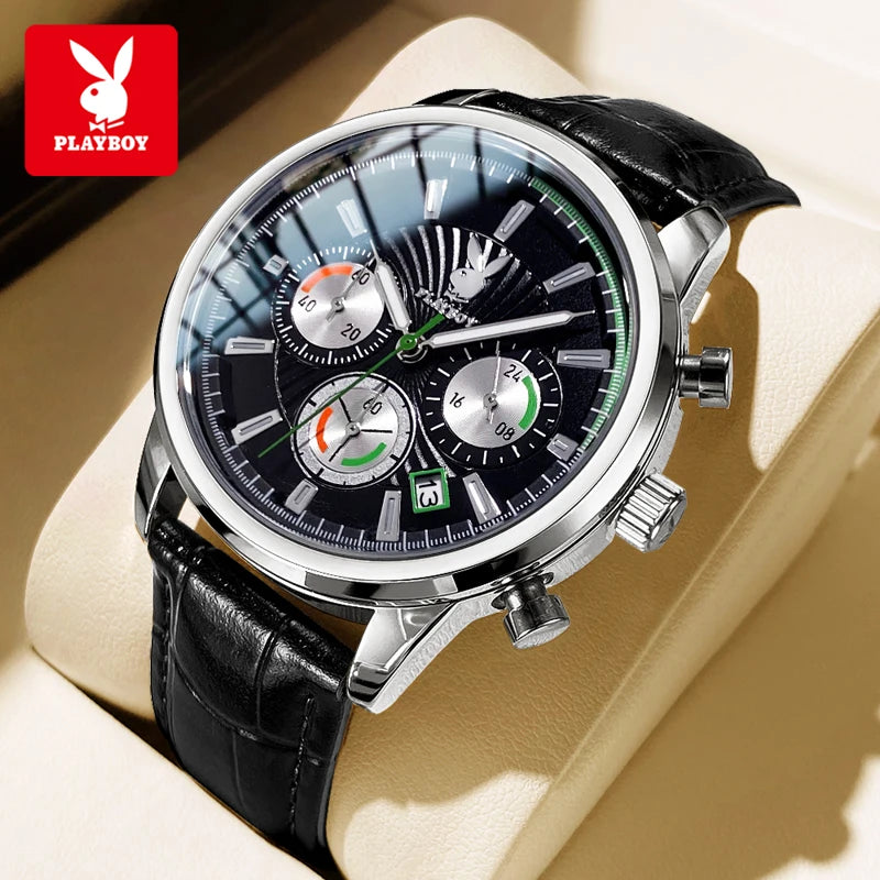 PLAYBOY 3305 Montre Homme Quartz Chronographe Calendrier Cuir 40mm 30M – CLEVI Paris