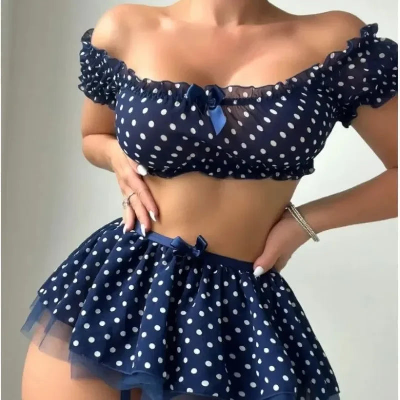 Ensemble Lingerie Femme Sexy Jupe à Pois Jarretelles Épaules Dénudées Jupe Bouffante – CLEVI Paris