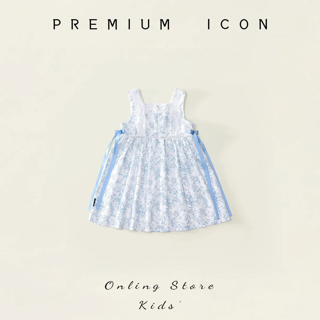 Robe fille bleue fleurie avec nœud – CLEVI Paris