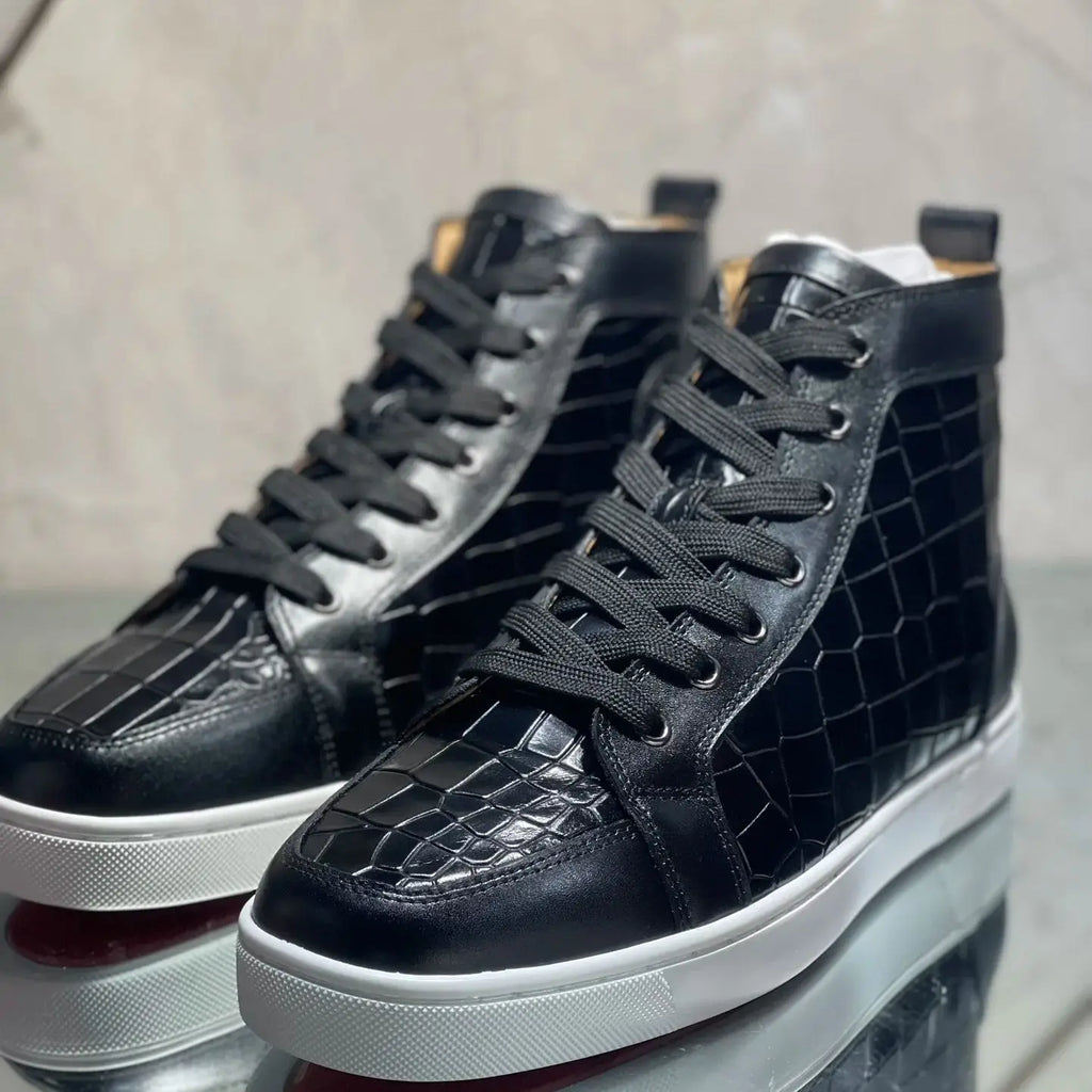 Sneakers Montantes Homme Cuir Croco Noir – Semelle Rouge, Rivets, Lacets | Style Luxe