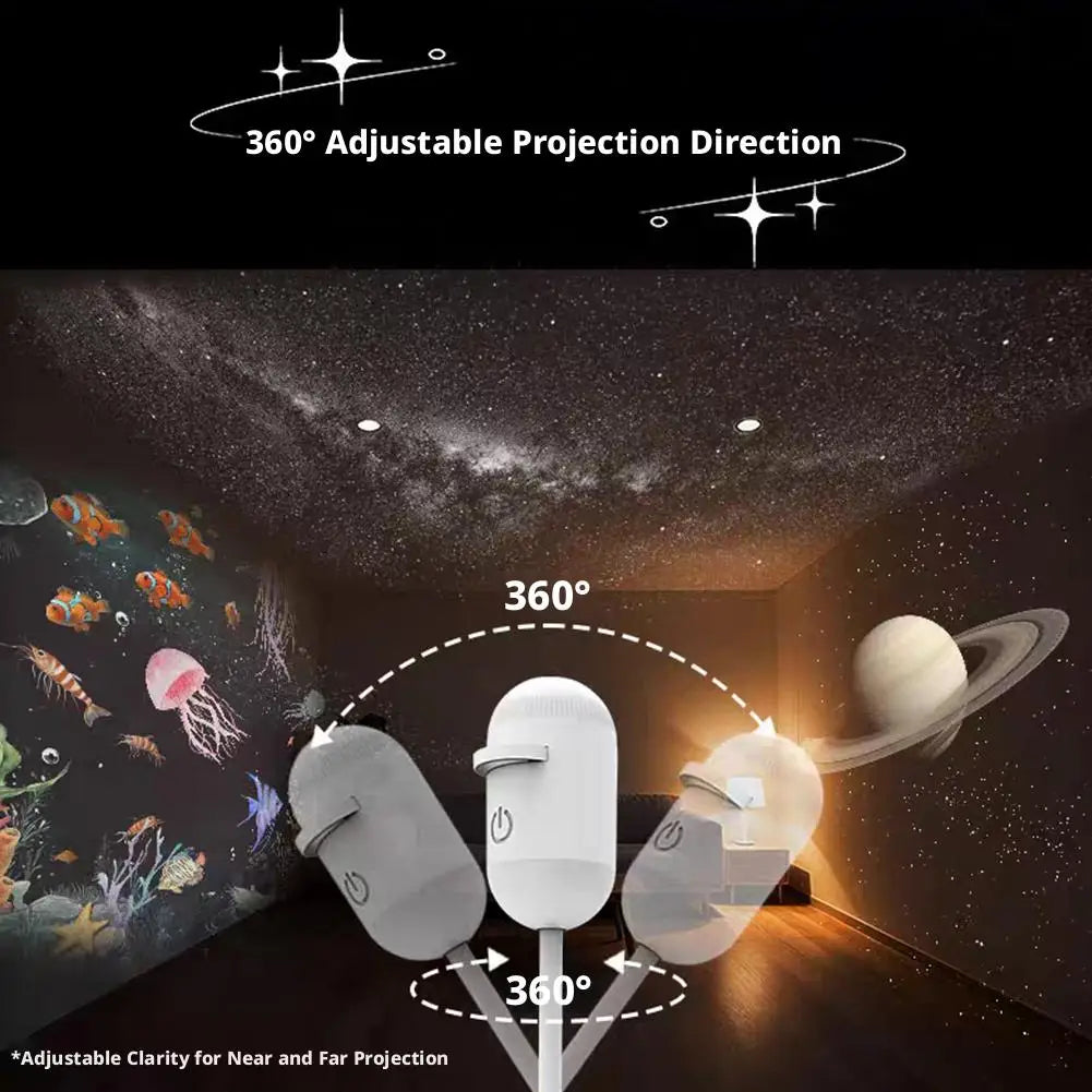 Projecteur Étoiles 2-en-1 LED Galaxy – Veilleuse USB Rechargeable, Rotation 360°, Films Interchangeables, Tactile, Chambre & Déco