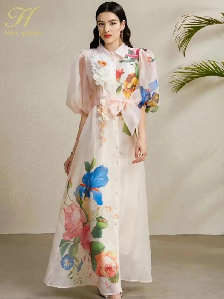 Robe Femme Longue Fleurs 3D Manches Bouffantes Dentelle Style Palace Élégante – CLEVI Paris