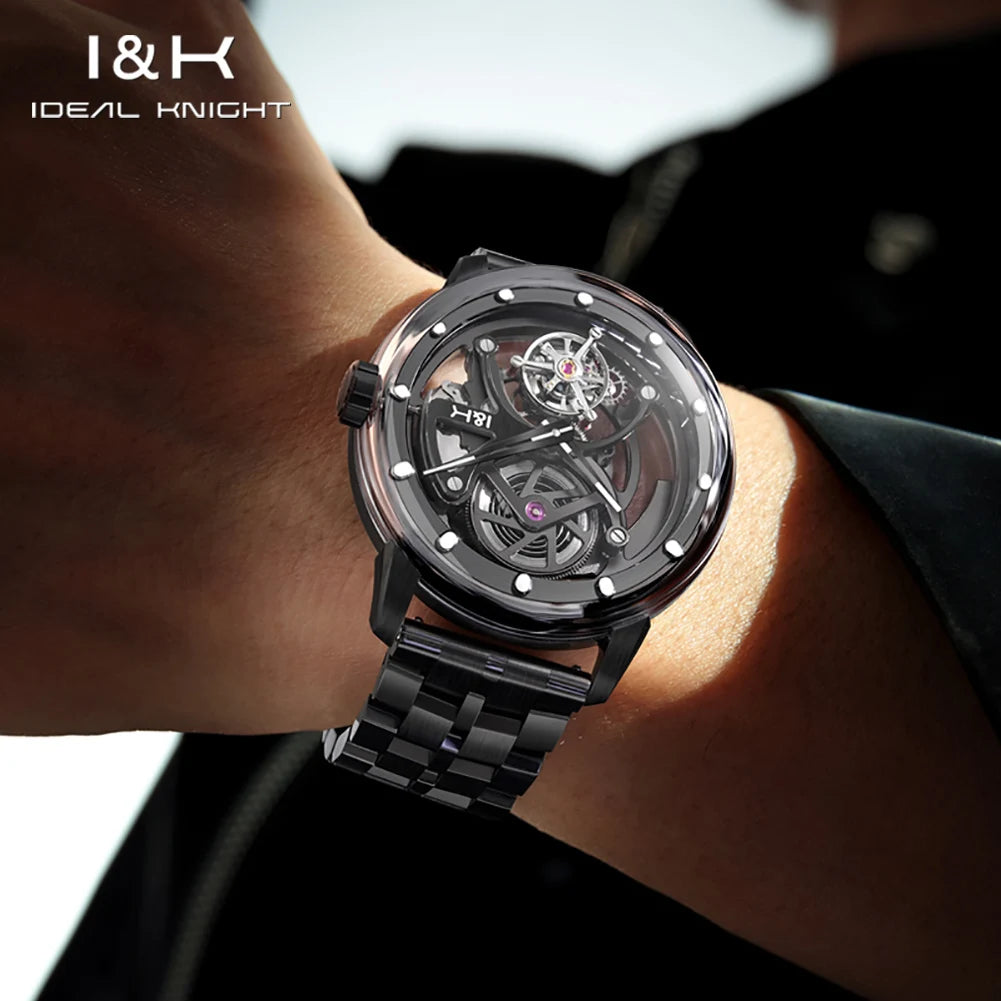 Montre Homme Mécanique Automatique Tourbillon Squelette Acier Inoxydable Verre Saphir Étanche – CLEVI Paris