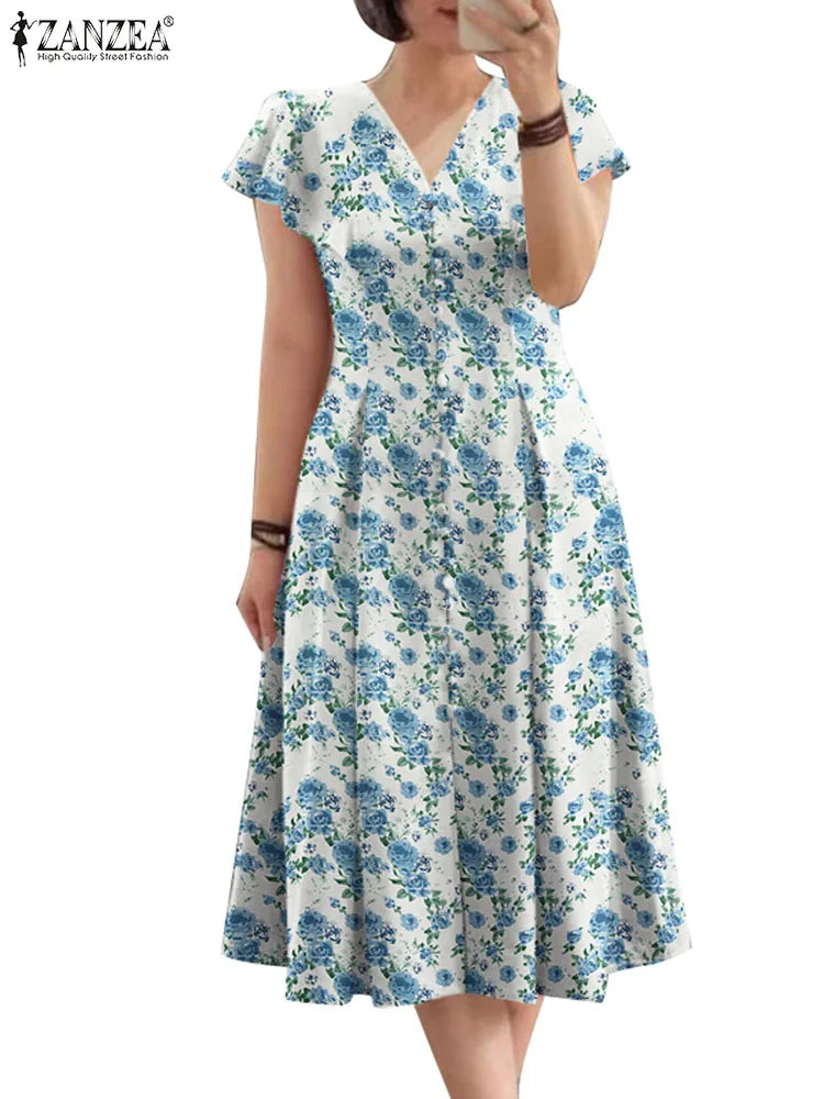 Robe Femme Col V Imprimé Floral All-Over Manches Courtes Volants A-line Bohème – CLEVI Paris