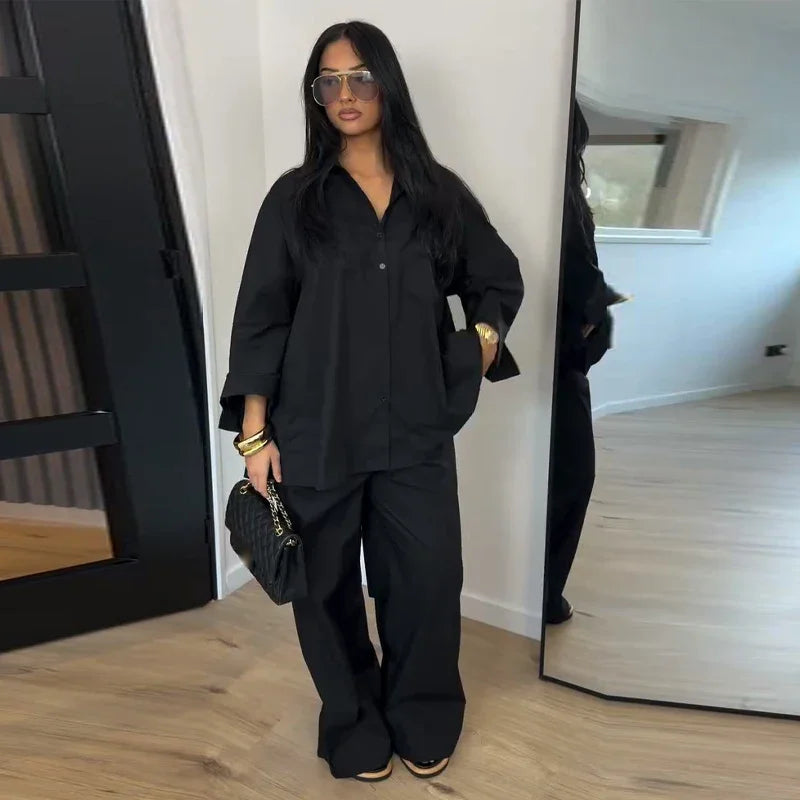 Ensemble femme blouse à revers et pantalon – CLEVI Paris