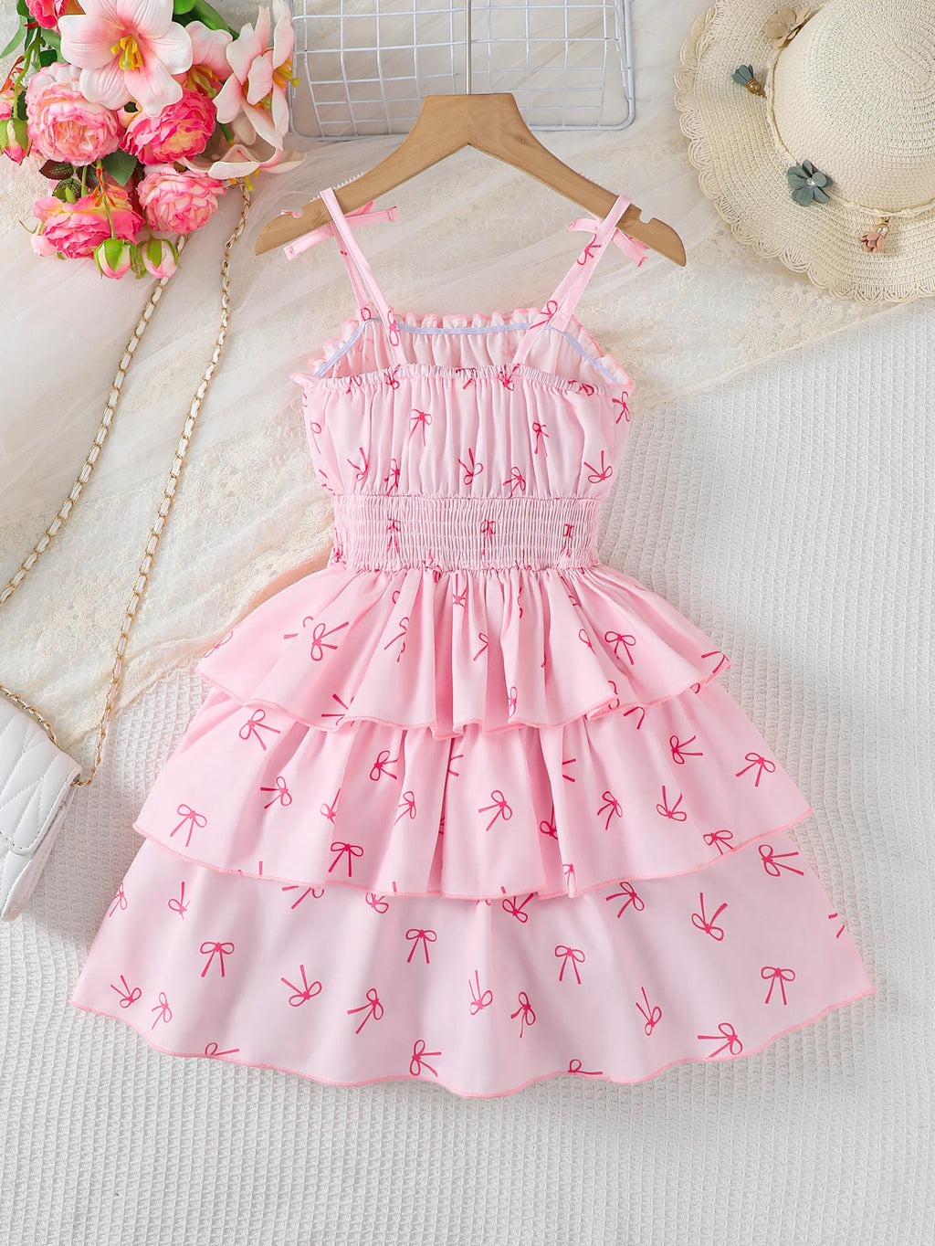 Robe fille rose à motif nœud papillon – CLEVI Paris