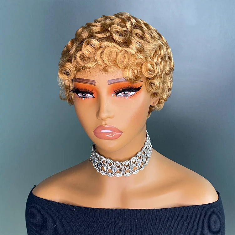 Perruque Pixie Cut Chioma Curly Wavy Highlight Cheveux Humains Brésiliens 150% 4 Teintes 6 Pouces – CLEVI Paris