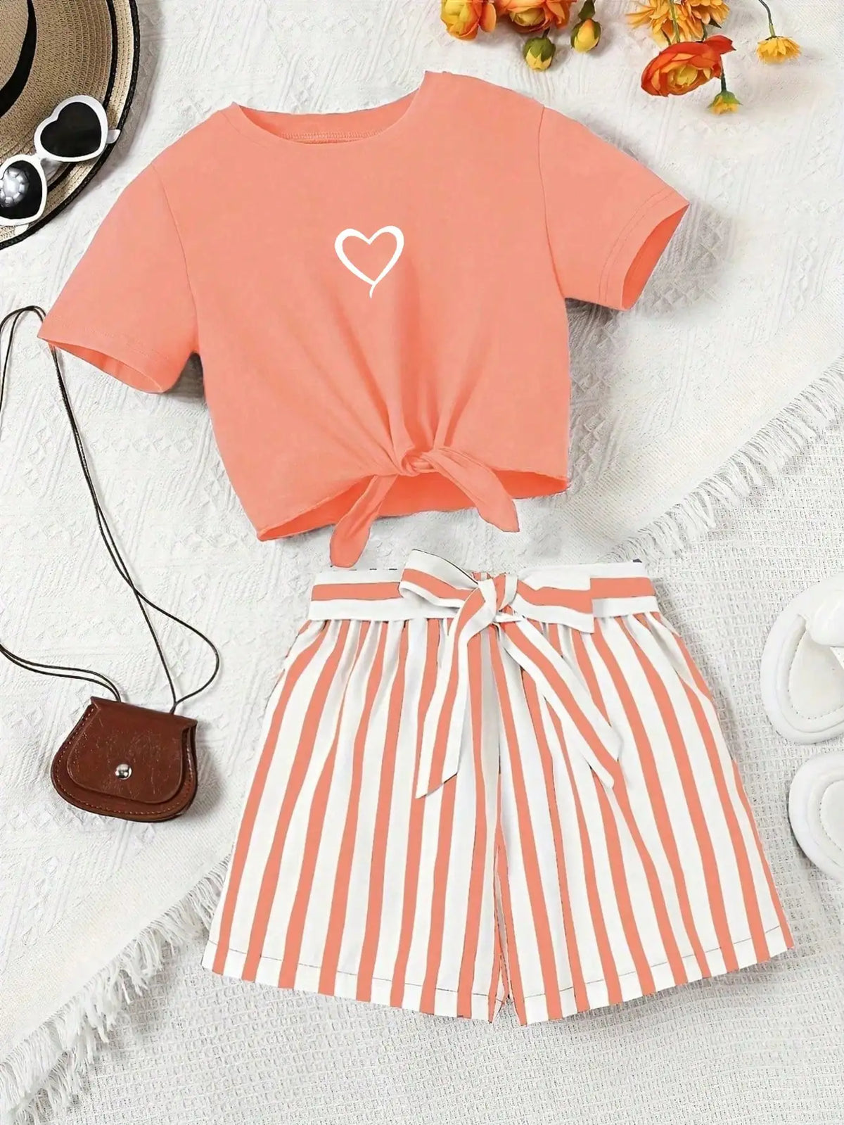Ensemble fille t-shirt cœur et short rayé – CLEVI Paris