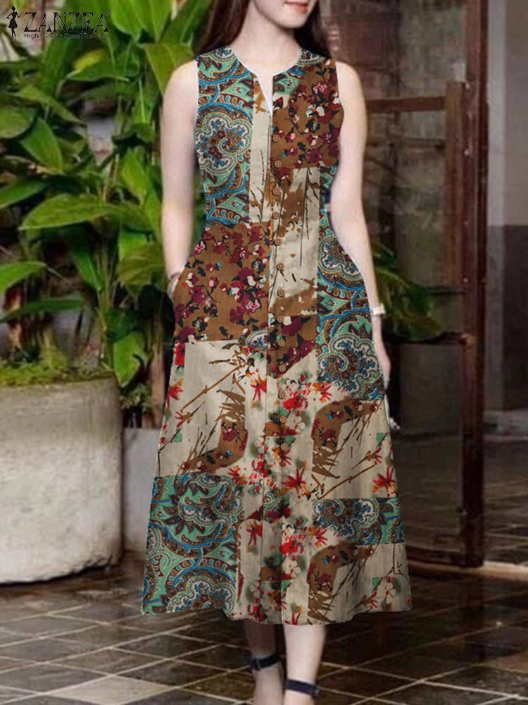 Robe Femme Sans Manches Col V Imprimé Coton Fente Poches Vintage Mi-Mollet – CLEVI Paris