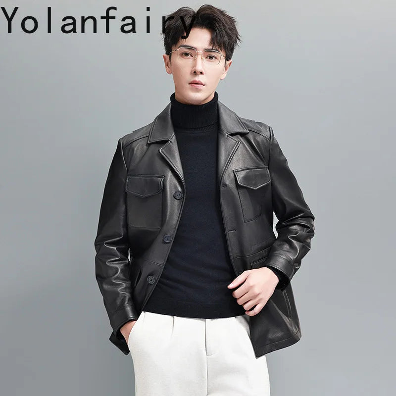 Veste homme en cuir de mouton boutonnée – CLEVI Paris