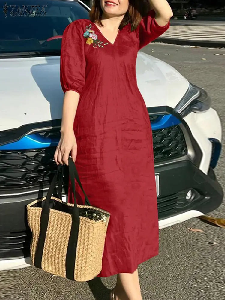 Robe Femme Col V Broderie Florale Manches Mi-Longues Mi-Mollet Bohème – CLEVI Paris