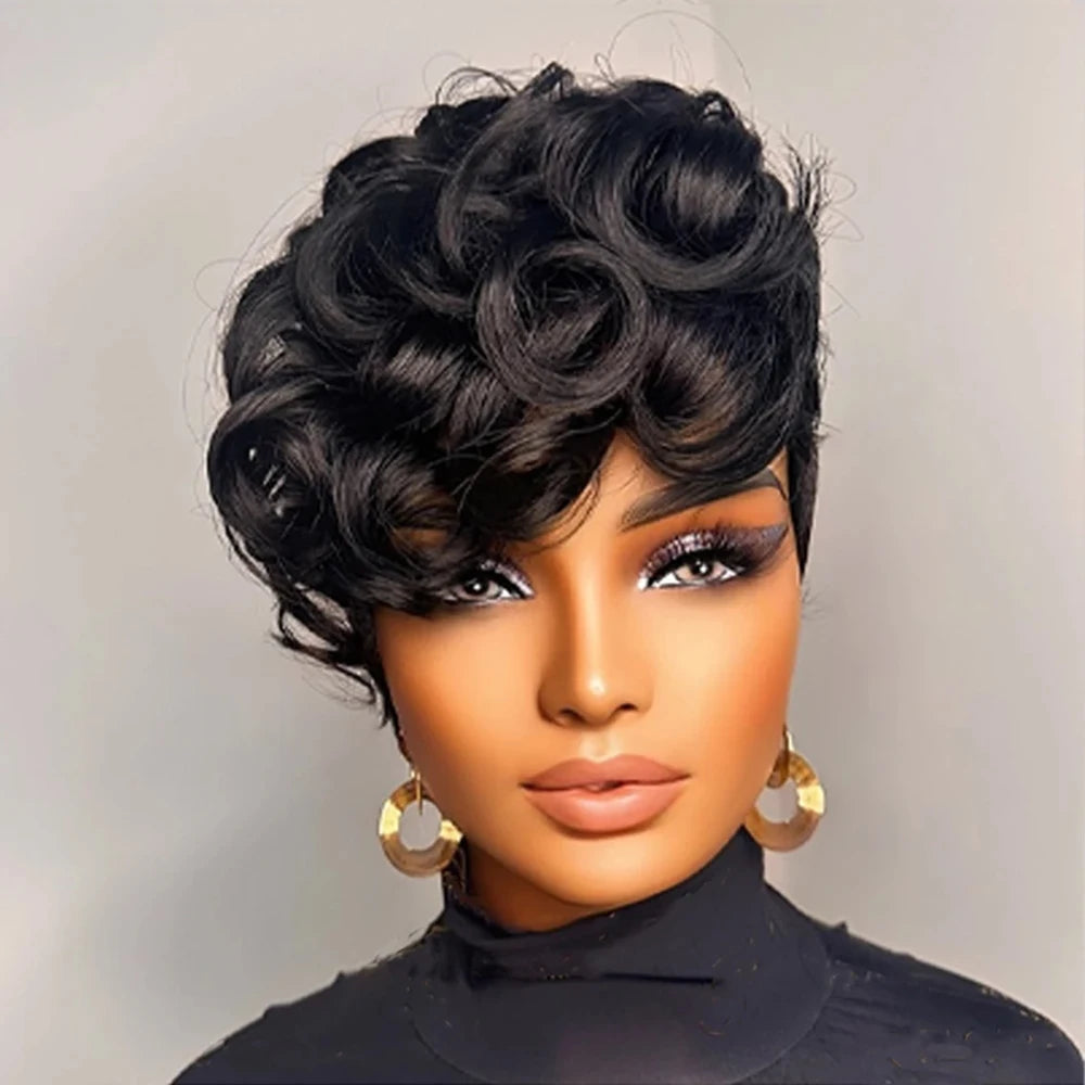 Perruque Pixie Cut 6 Pouces Loose Curly Avec Frange Dégradée Cheveux Humains Brésiliens Bonnet Rose Machine Made – CLEVI Paris