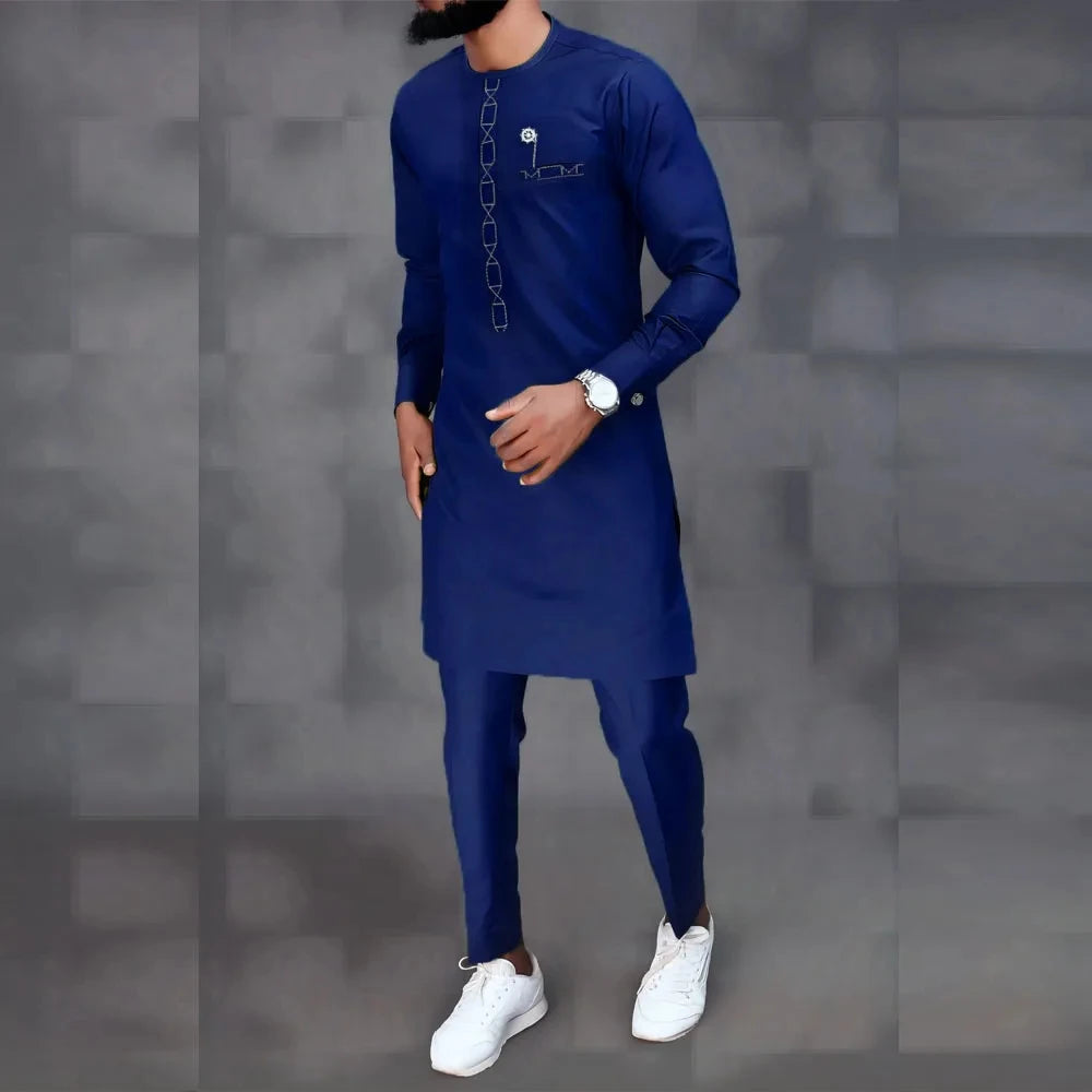 Ensemble 2 Pièces Homme Style Africain Chemise Manches Longues Col Rond + Pantalon Cordon Élégant XS-XXL – CLEVI Paris