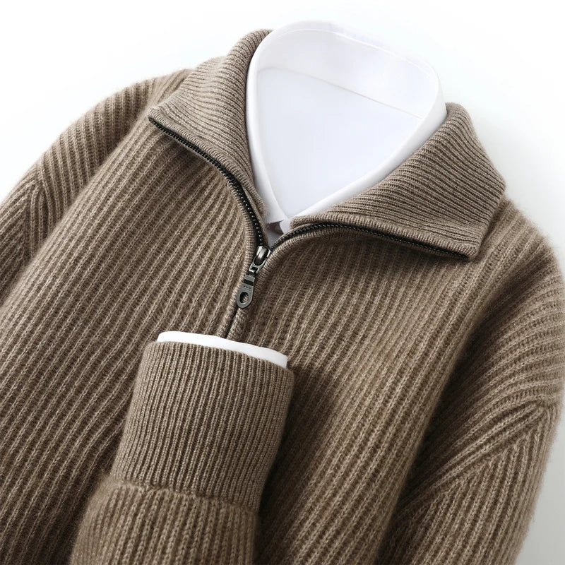 Cardigan Homme 100% Cachemire Col Double Zip Tricot Épais MVLYFLRT – Business Casual – 4 Coloris, M à XXL – CLEVI Paris
