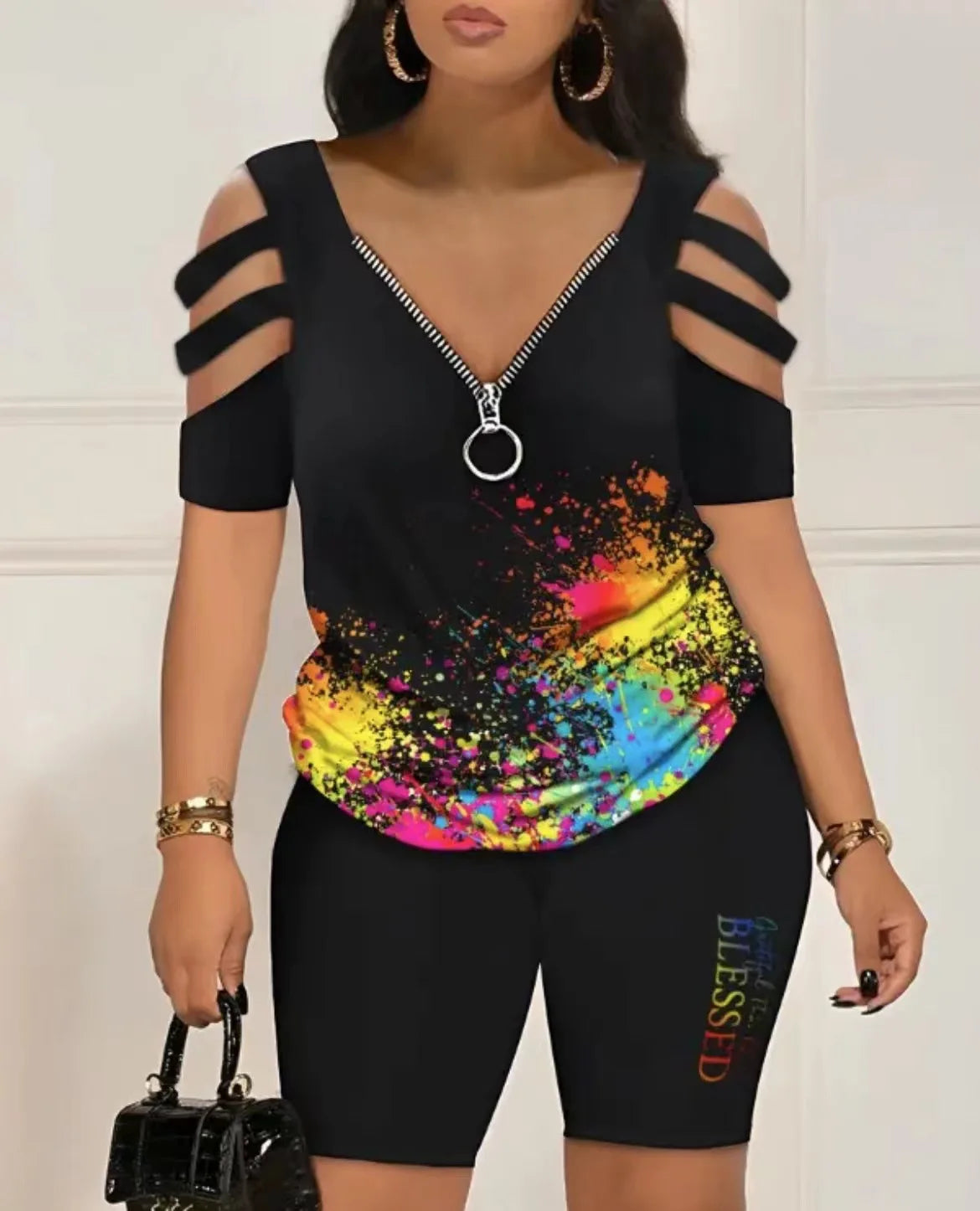 Ensemble 2 Pièces Femme T-Shirt Col V Imprimé Manches Courtes + Short Taille Élastique Casual High Street Été 6 Coloris – CLEVI Paris