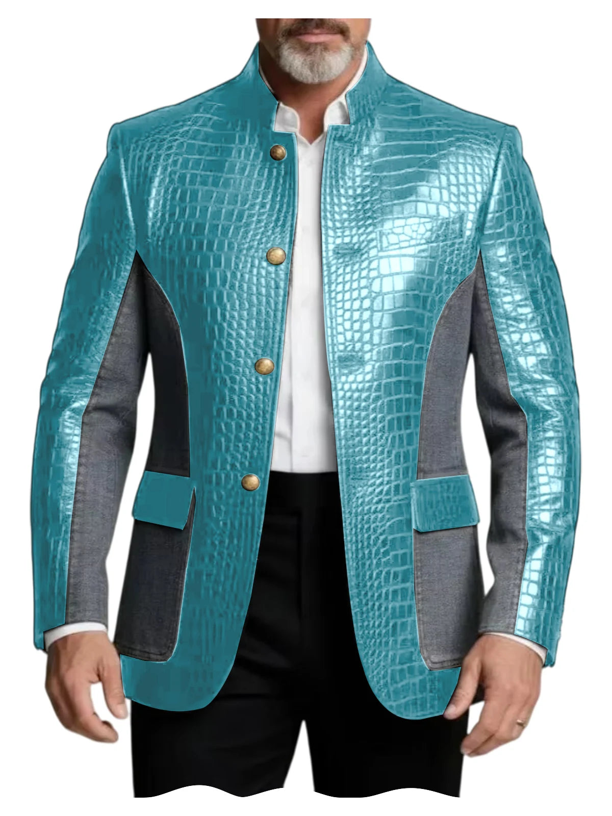 Blazer en cuir PU de luxe marron pour homme, effet croco, patchwork denim, col montant, coupe ajustée, idéal pour affaires, décontracté ou soirée