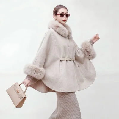 Manteau cape laine et col renard amovible – CLEVI Paris