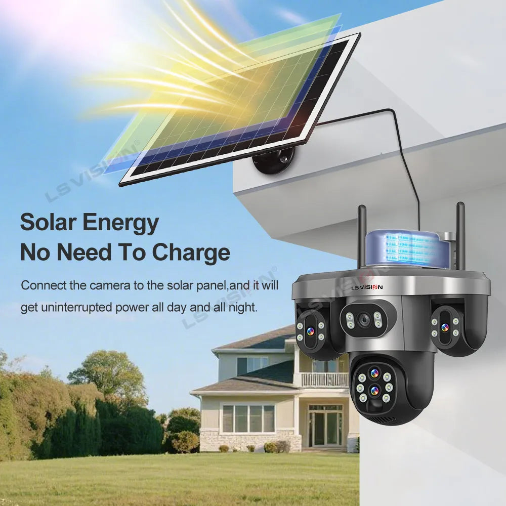Caméra Solaire LS VISION 20MP 4 Objectifs 3 Écrans PTZ Zoom 10x 4G/Wi-Fi IP66 V380 Pro – CLEVI Paris