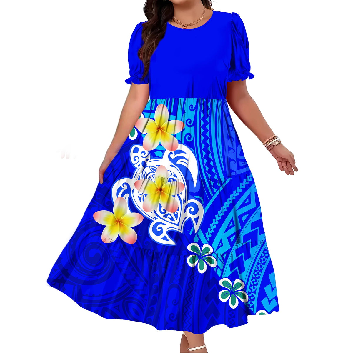 Robe Femme Longue Imprimé Polynésien Manches Bouffantes Ample Élégante – CLEVI Paris