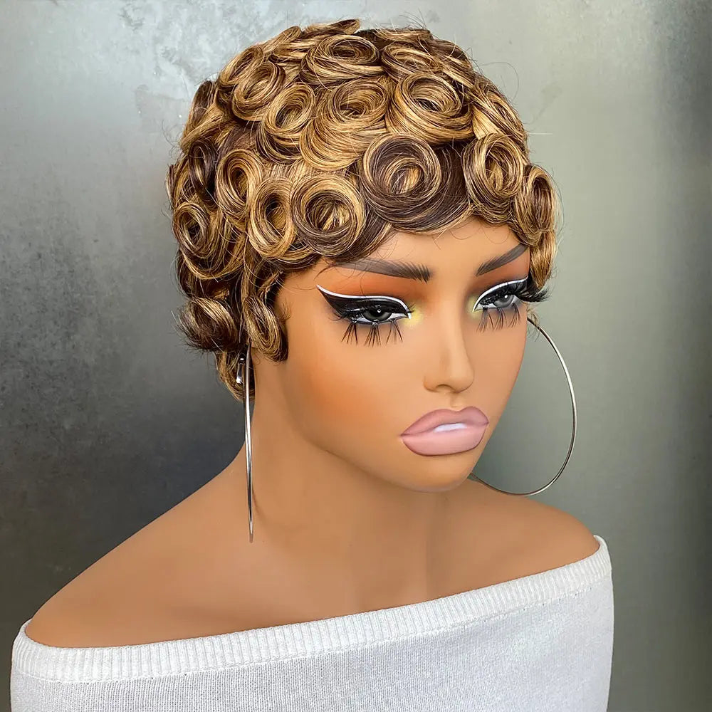 Perruque Pixie Cut Chioma Curly Wavy Highlight Cheveux Humains Brésiliens 150% 4 Teintes 6 Pouces – CLEVI Paris
