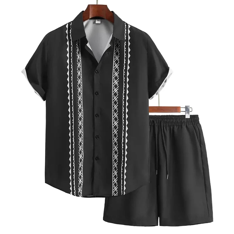 Ensemble 2 Pièces Homme Chemise Manches Courtes Col Cranté Imprimée Boutonnée + Short Cordon Style Hawaïen Beach Rétro Grande Taille – CLEVI Paris