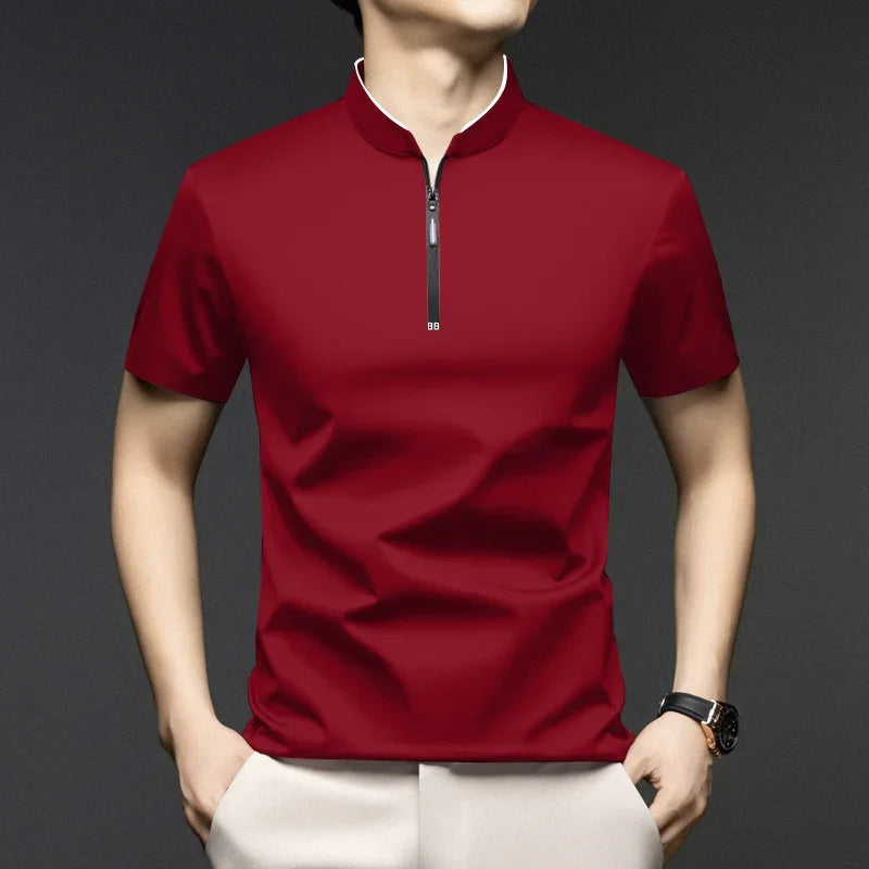Polo Homme Casual Zip Col Montant Manches Courtes Uni Anti-Froissage S-4XL – CLEVI Paris