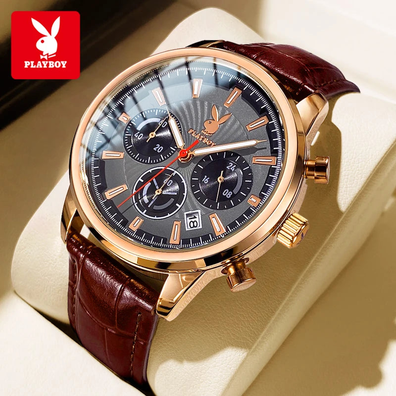 PLAYBOY 3305 Montre Homme Quartz Chronographe Calendrier Cuir 40mm 30M – CLEVI Paris