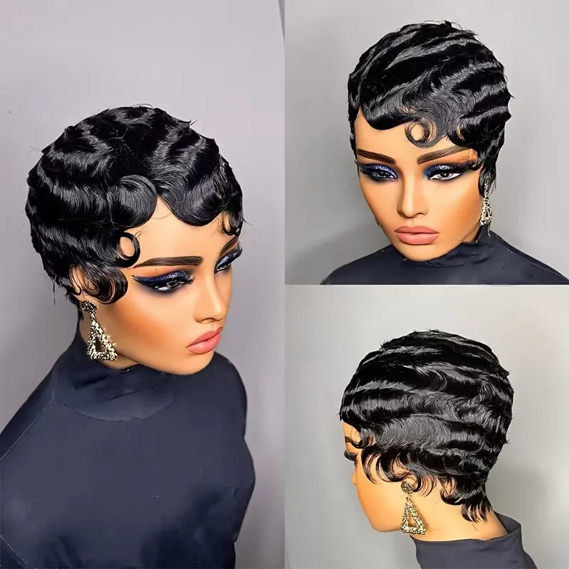 Perruque Pixie Cut Deep Ocean Wave Cheveux Humains Vierges Bonnet Rose Glueless 150% 6 Pouces – CLEVI Paris