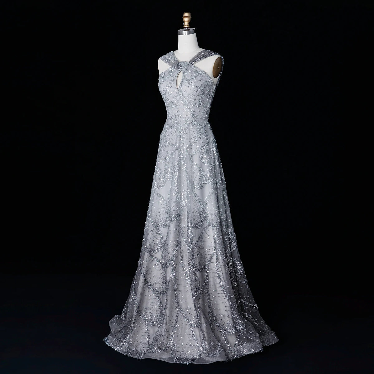 Robe de soirée trapèze perlée et croisée – CLEVI Paris