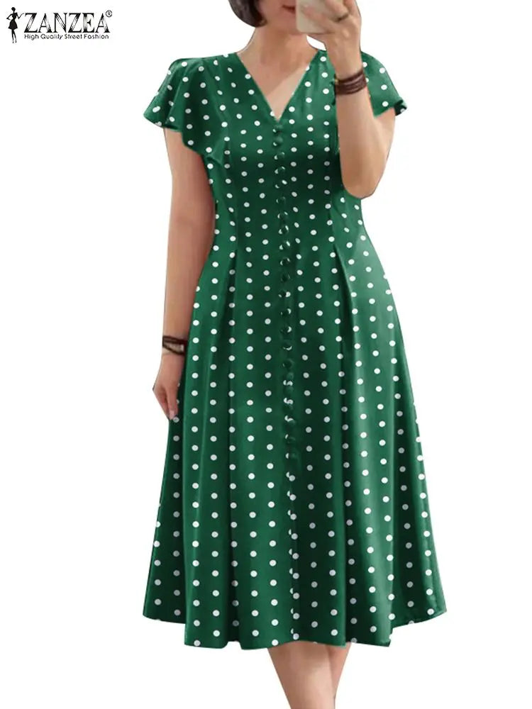 Robe Femme Col V Imprimé Pois Manches Papillon Vintage Mi-Mollet – CLEVI Paris