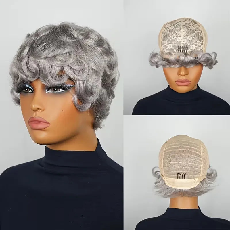 Perruque Pixie Cut Curly Cheveux Humains Brésiliens Sans Lace Bonnet Rose 150% 6 Teintes – CLEVI Paris