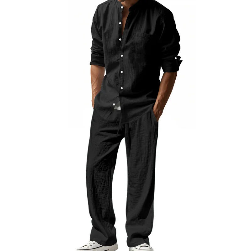 Ensemble 2 Pièces Homme Lin Chemise Manches Longues + Pantalon Style Casual Américain 4 Saisons – CLEVI Paris