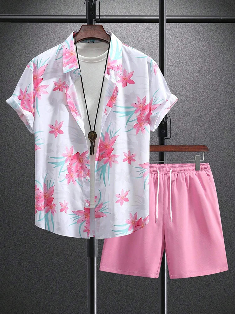 Ensemble Homme Chemise Manches Courtes Col V Imprimé 3D + Short de Plage Casual Streetwear Été – CLEVI Paris