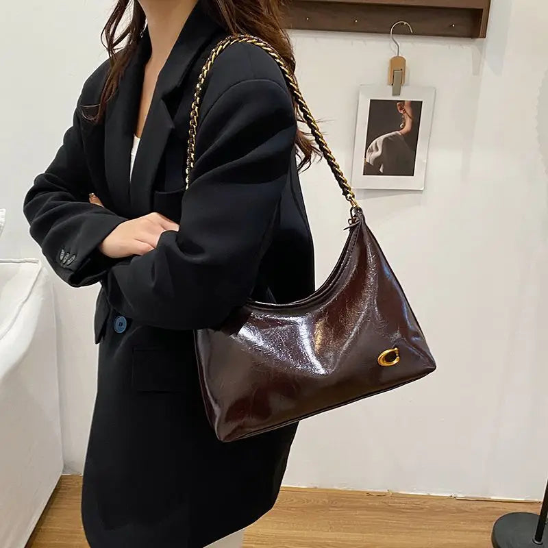Sac Bandoulière Cuir Ciré Vintage Femme Chaîne Grande Capacité – CLEVI Paris