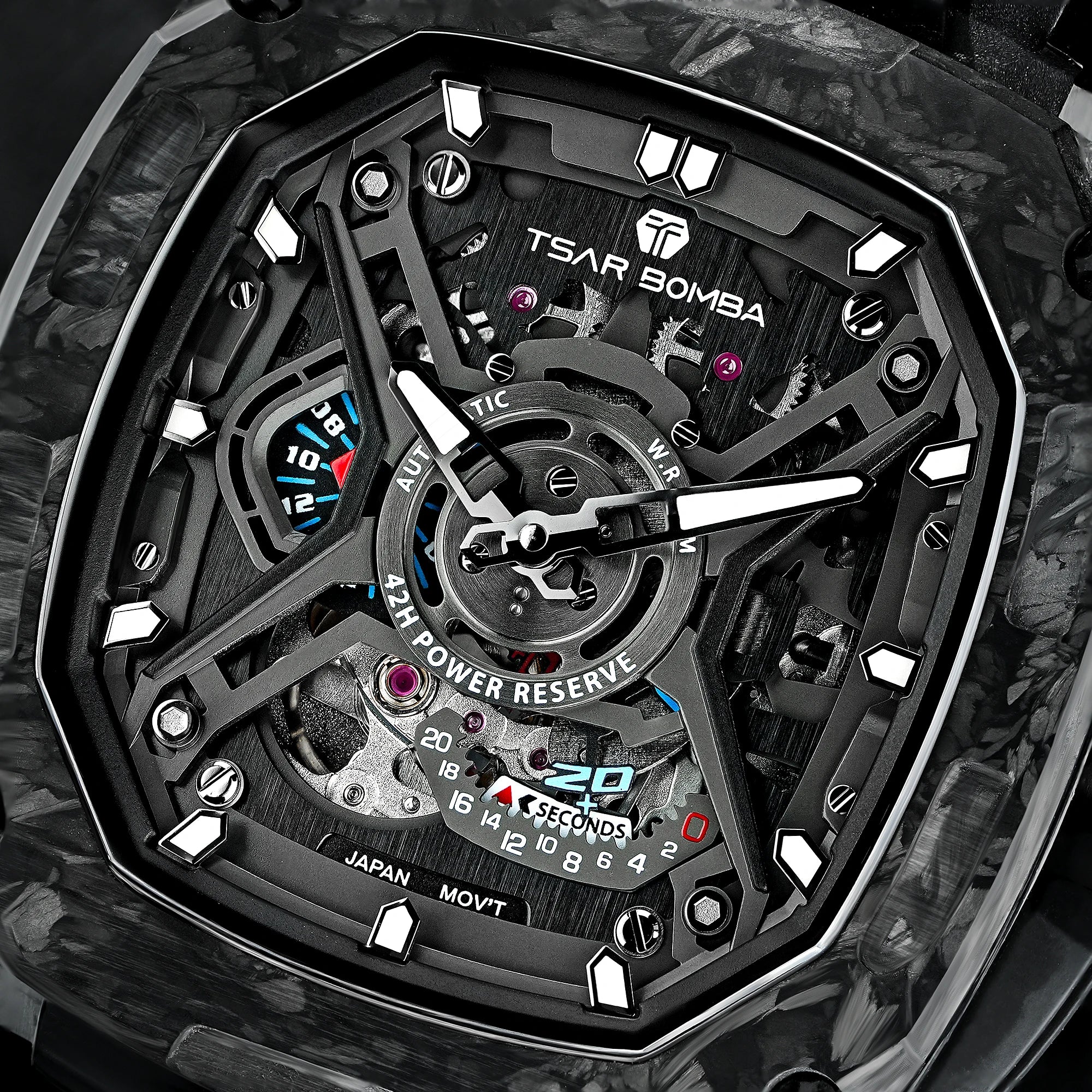 Montre Homme Mécanique Automatique Squelette Fibre de Carbone Verre Saphir Étanche 50m – CLEVI Paris
