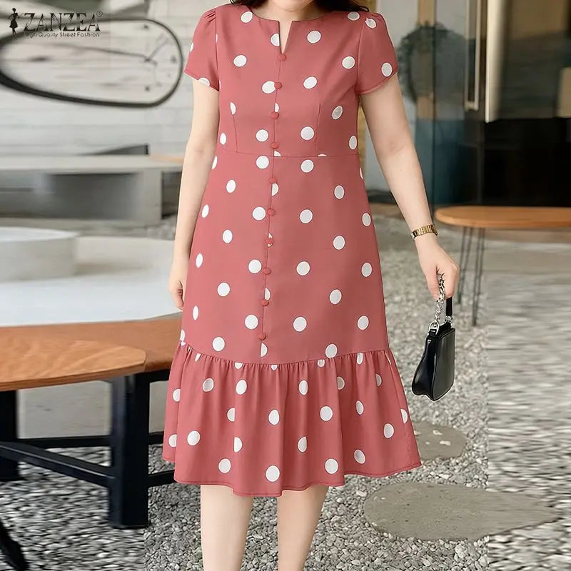 Robe Femme Col V Imprimé Pois Manches Courtes Mi-Mollet Élégante – CLEVI Paris