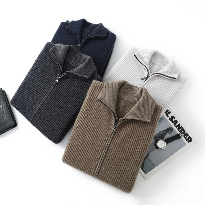 Cardigan Homme 100% Cachemire Col Double Zip Tricot Épais MVLYFLRT – Business Casual – 4 Coloris, M à XXL – CLEVI Paris