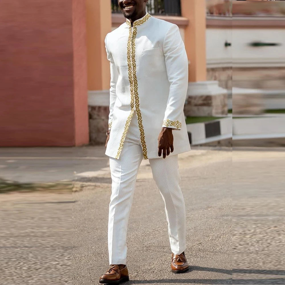Kaftan Homme 2 Pièces Brodé Floral Col Mao Manches Longues + Pantalon Élastique Style Africain Mariage M-4XL – CLEVI Paris